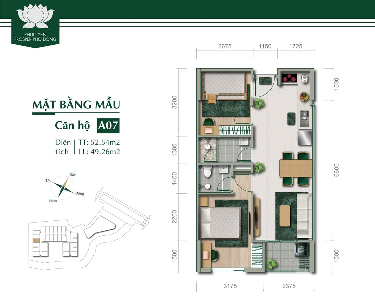 Mặt bằng căn hộ điển hình diện tích 52.54m2 dự án Prosper Phố Đông