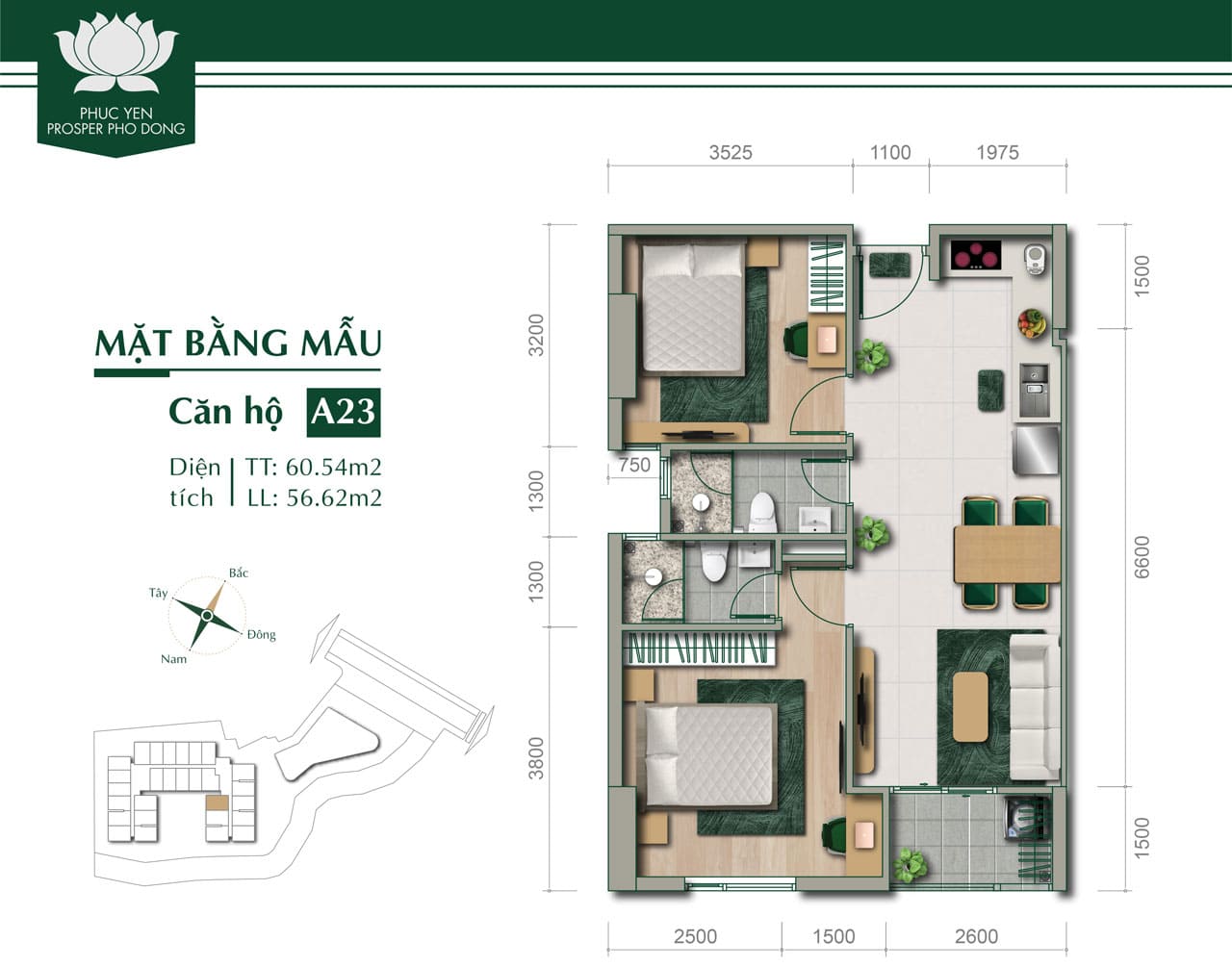 Mặt bằng căn hộ điển hình diện tích 60.54m2 dự án Prosper Phố Đông